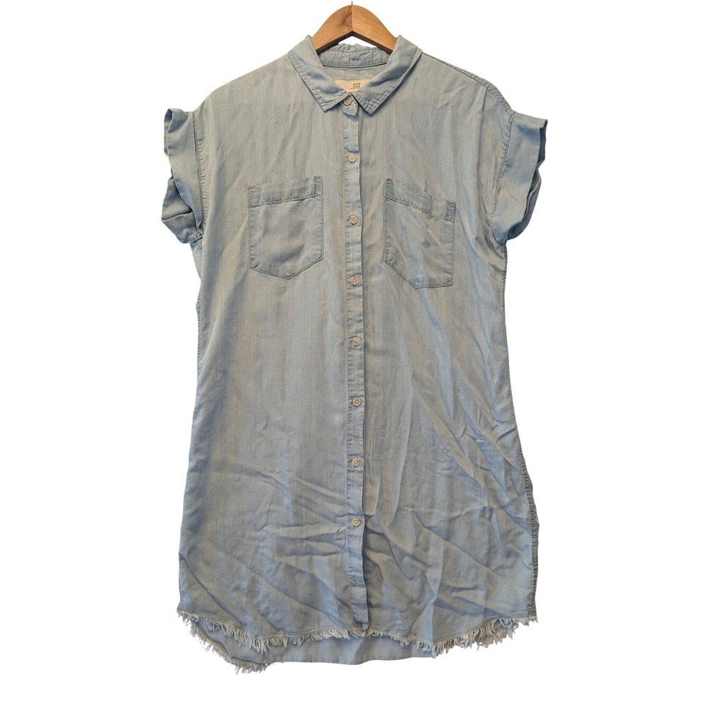 Thread & Supply Light Wash Lyocell Chambray Shirt Dress Frayed Hem Size Medium - Picture 2 of 15